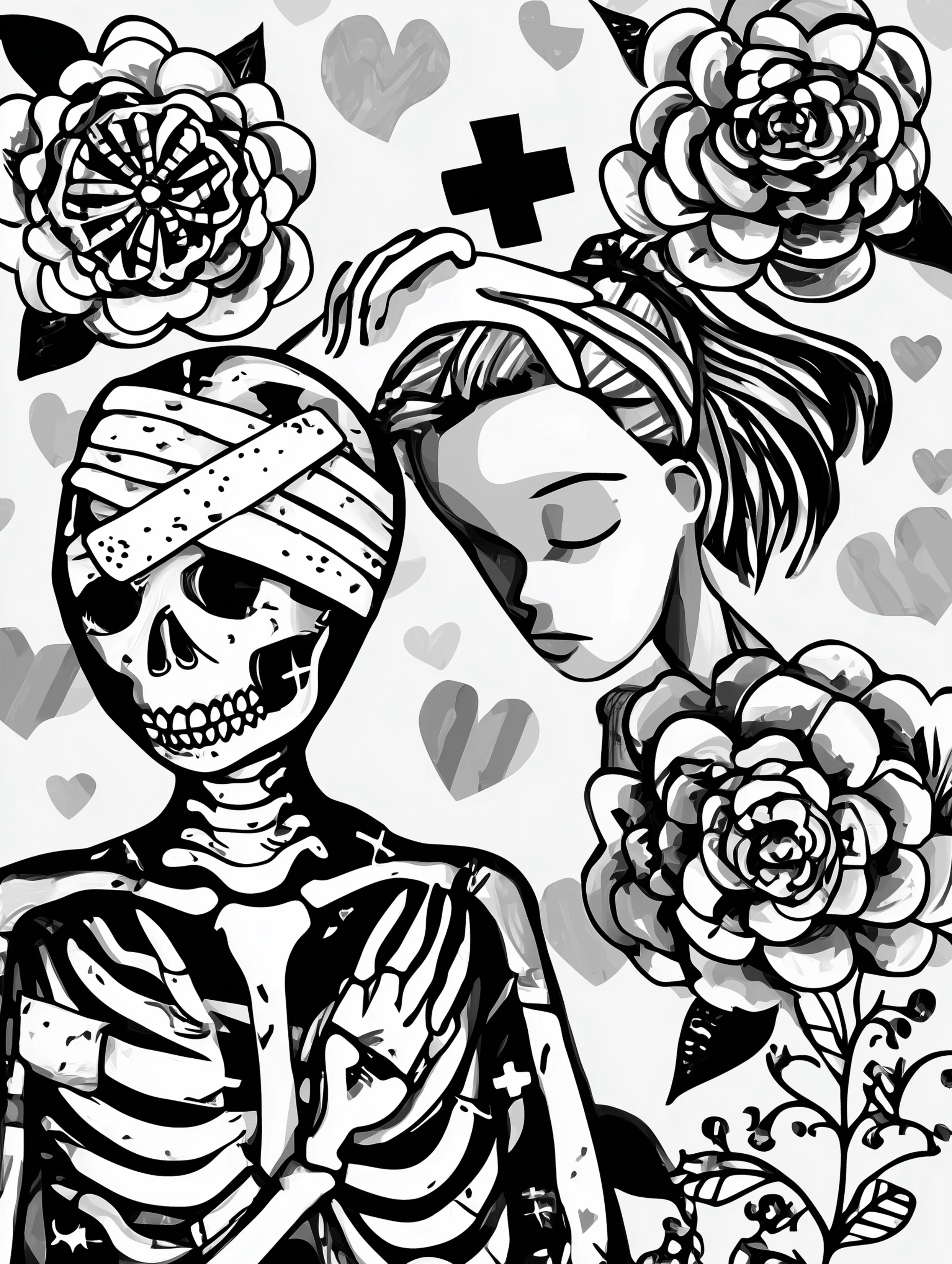 Free printable nursing coloring page for adults featuring a skeleton with brain injury